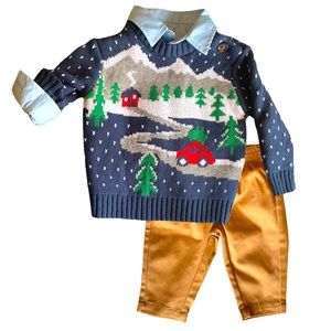 Boys 3 Piece Holiday Winter Outfit with Sweater, Button Up, and Khaki Pants